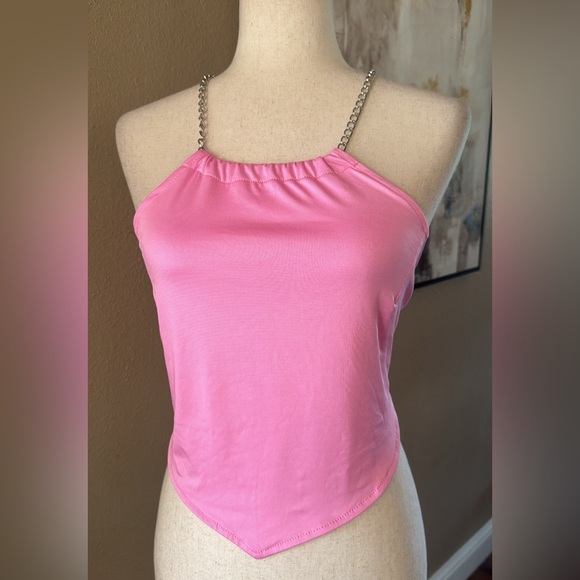 Tops - Pink scarf style chain halter top in Barbie pink